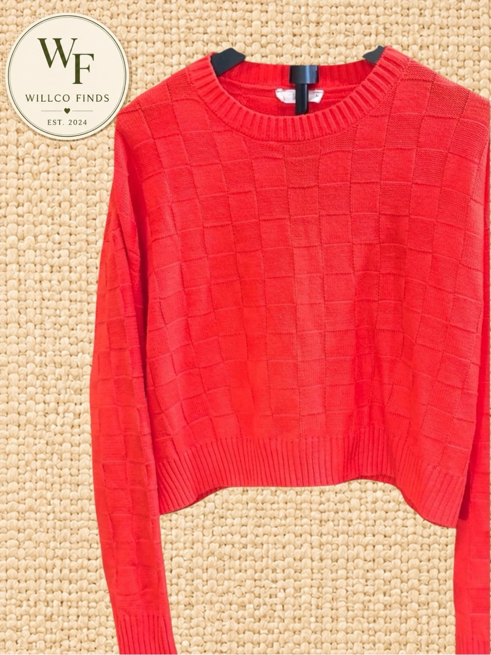 Tabitha Checkerboard Knit Sweater Medium Red Textured Crewneck